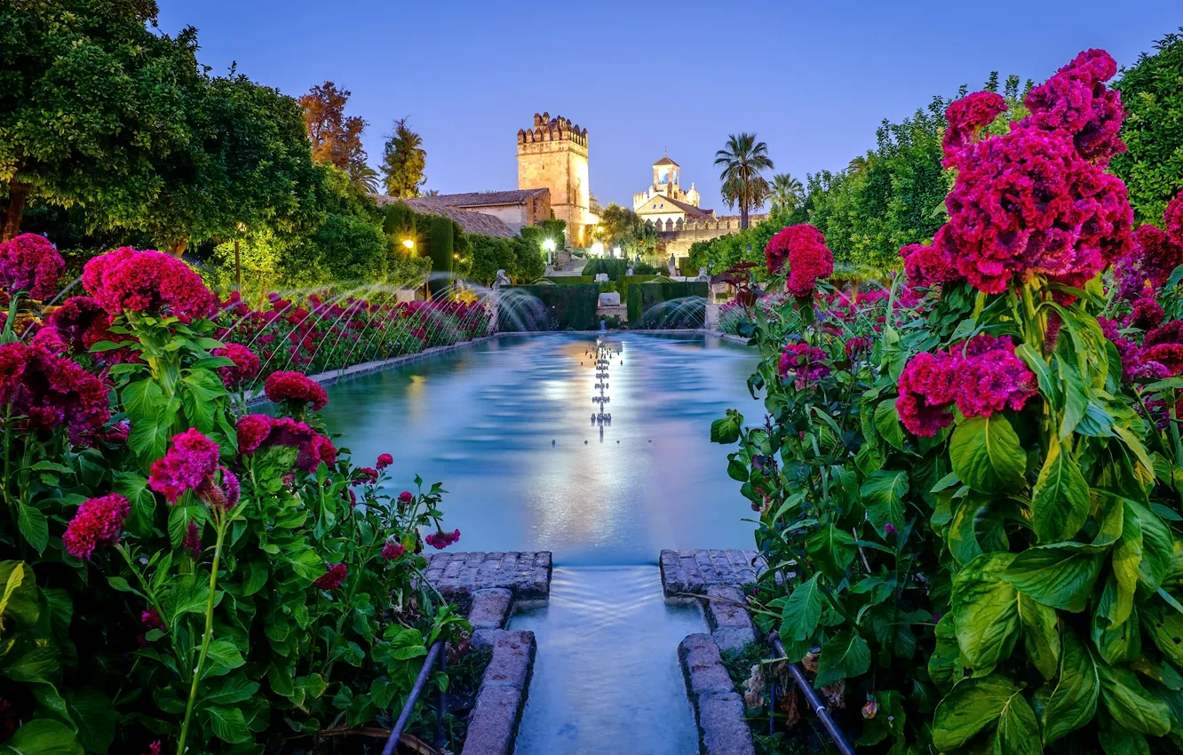 Фото обои цветы, сад, фонтан, крепость, Испания, Spain, Андалусия, Кордова