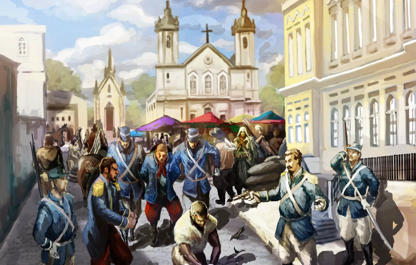 Фото обои люди, здания, арт, церковь, солдаты, assassins creed, art, ассасин