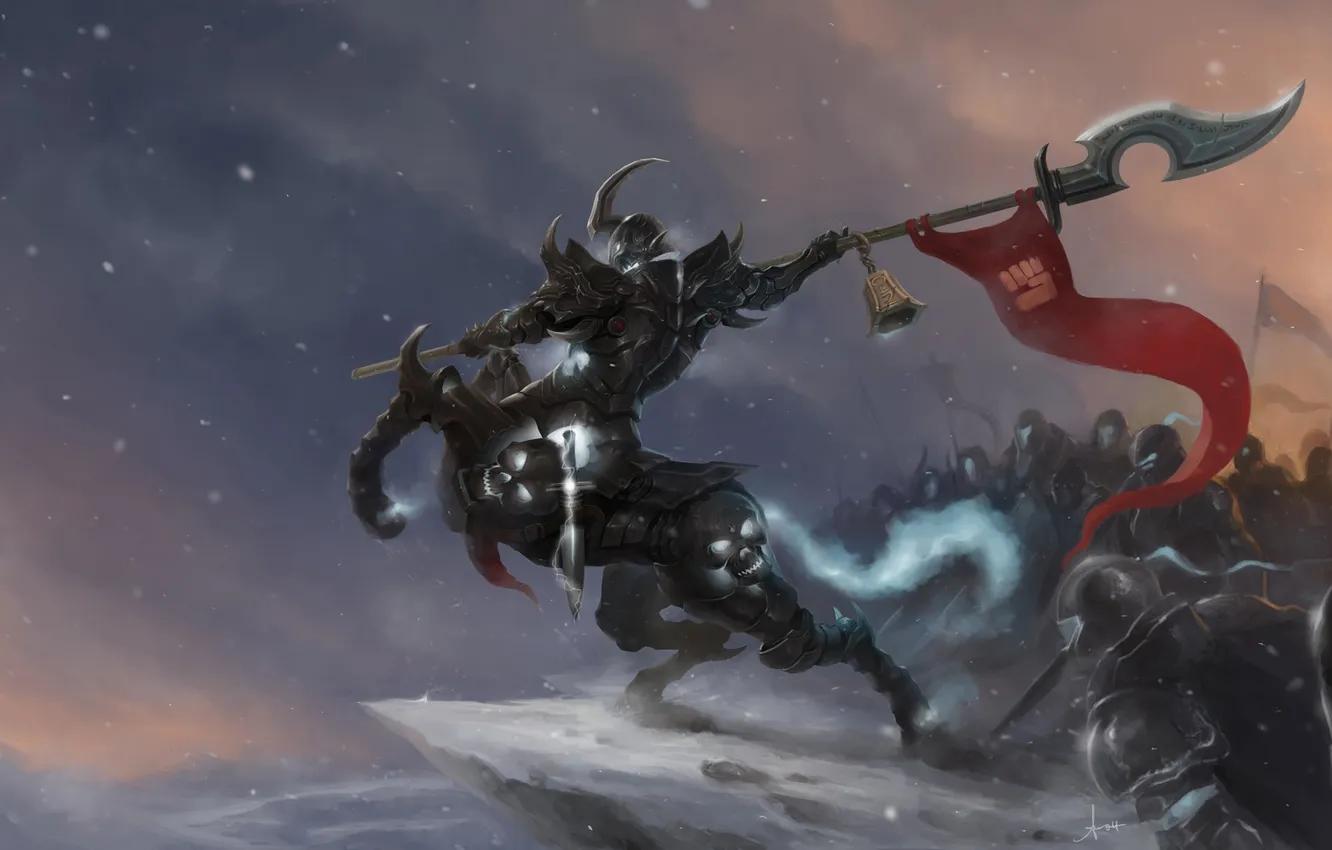 Фото обои снег, оружие, игра, арт, персонаж, League Of Legends, Hecarim, красный флаг