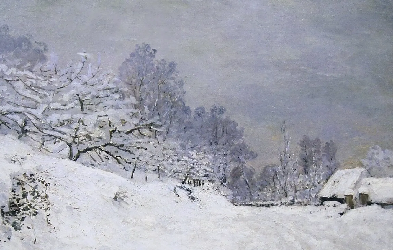 Фото обои снег, пейзаж, картина, Клод Моне, Дорога на Ферму Сен-Симеон Зимой