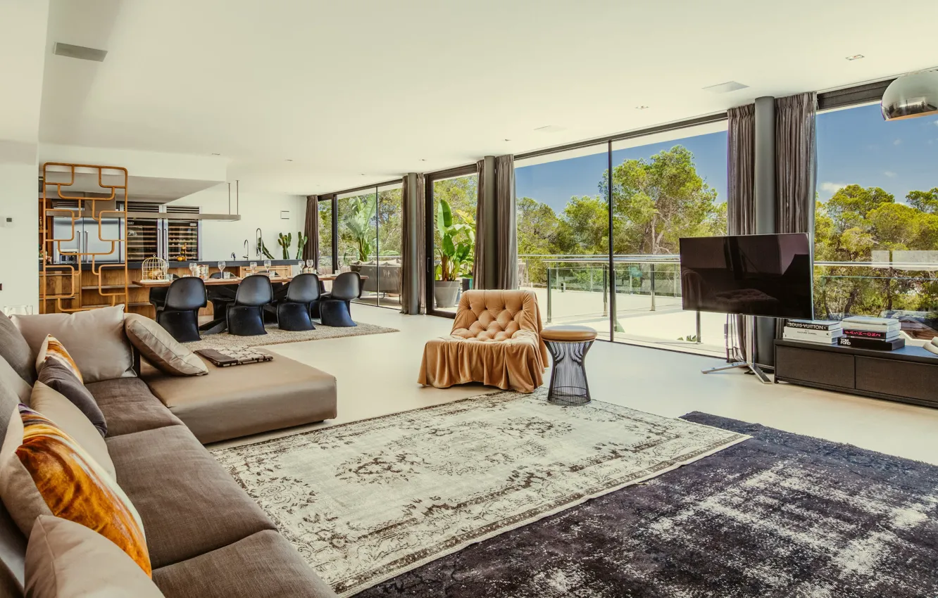 Фото обои дизайн, стиль, интерьер, Ibiza, столовая, Ибица, Modern Villa near Porroig, просторная гостиная