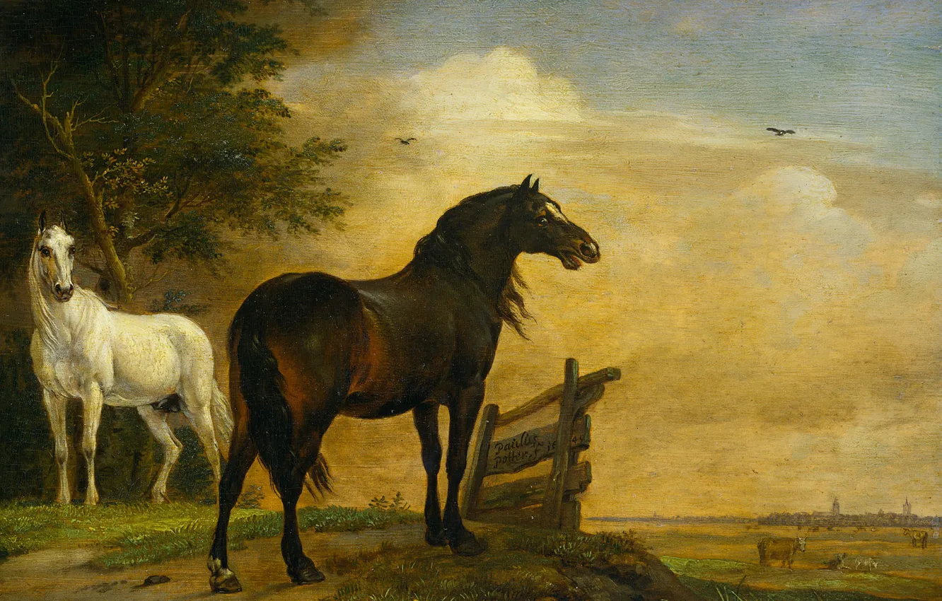 Фото обои животные, дерево, масло, картина, Паулюс Поттер, Две Лошади на Пастбище с Забором