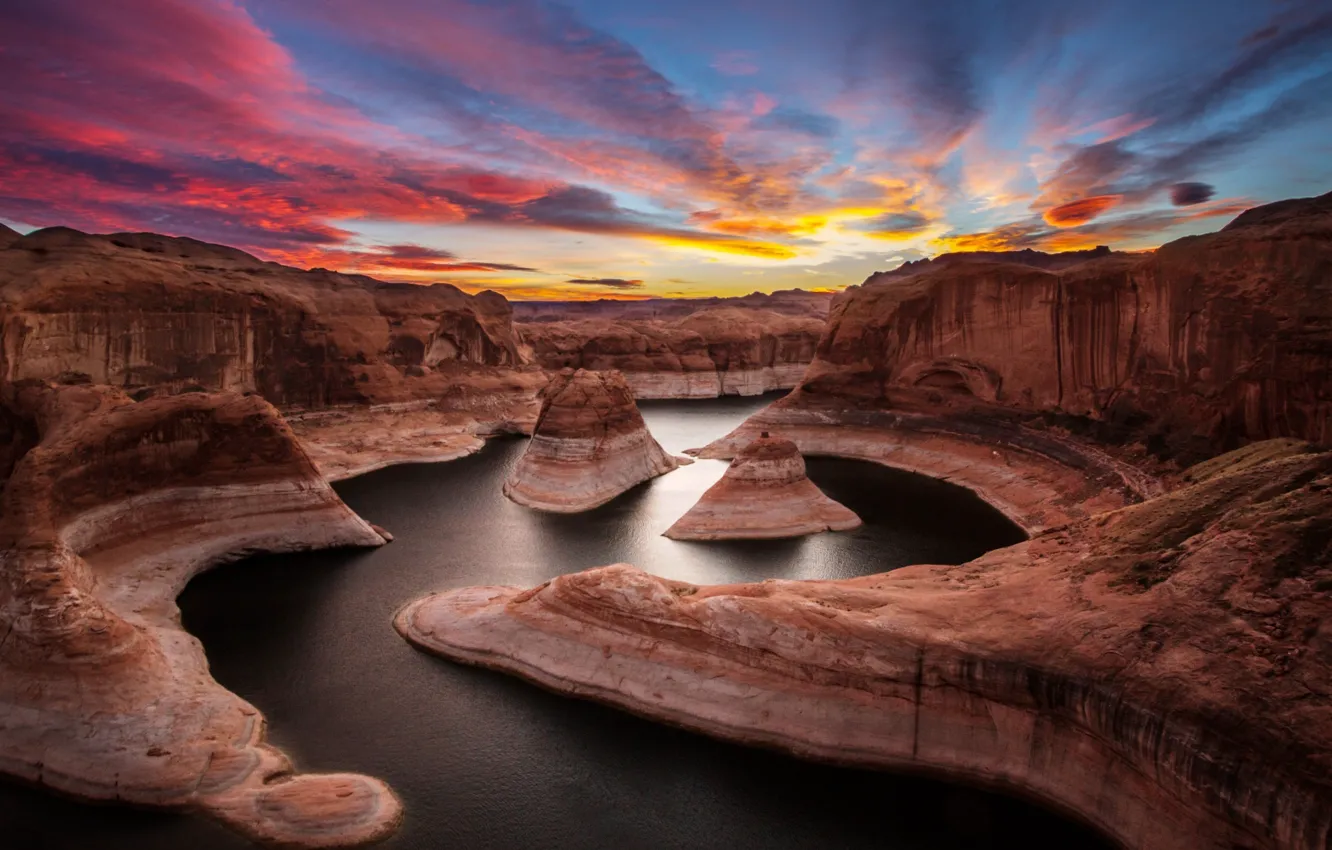 Фото обои закат, река, скалы, каньон