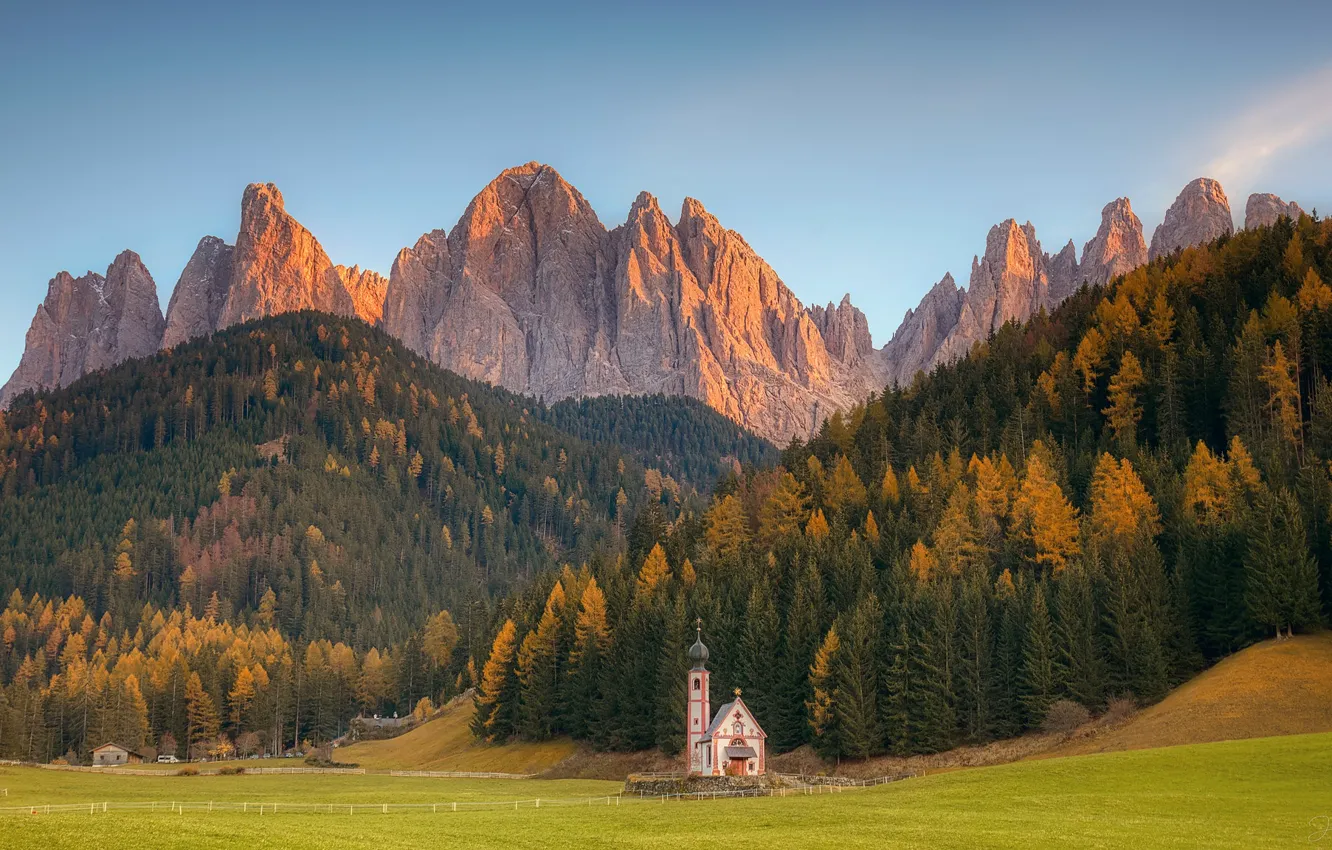 Фото обои лес, горы, Альпы, церковь