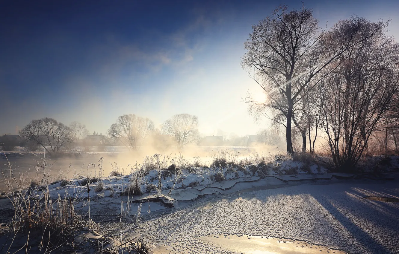 Фото обои зима, свет, туман, река, утро