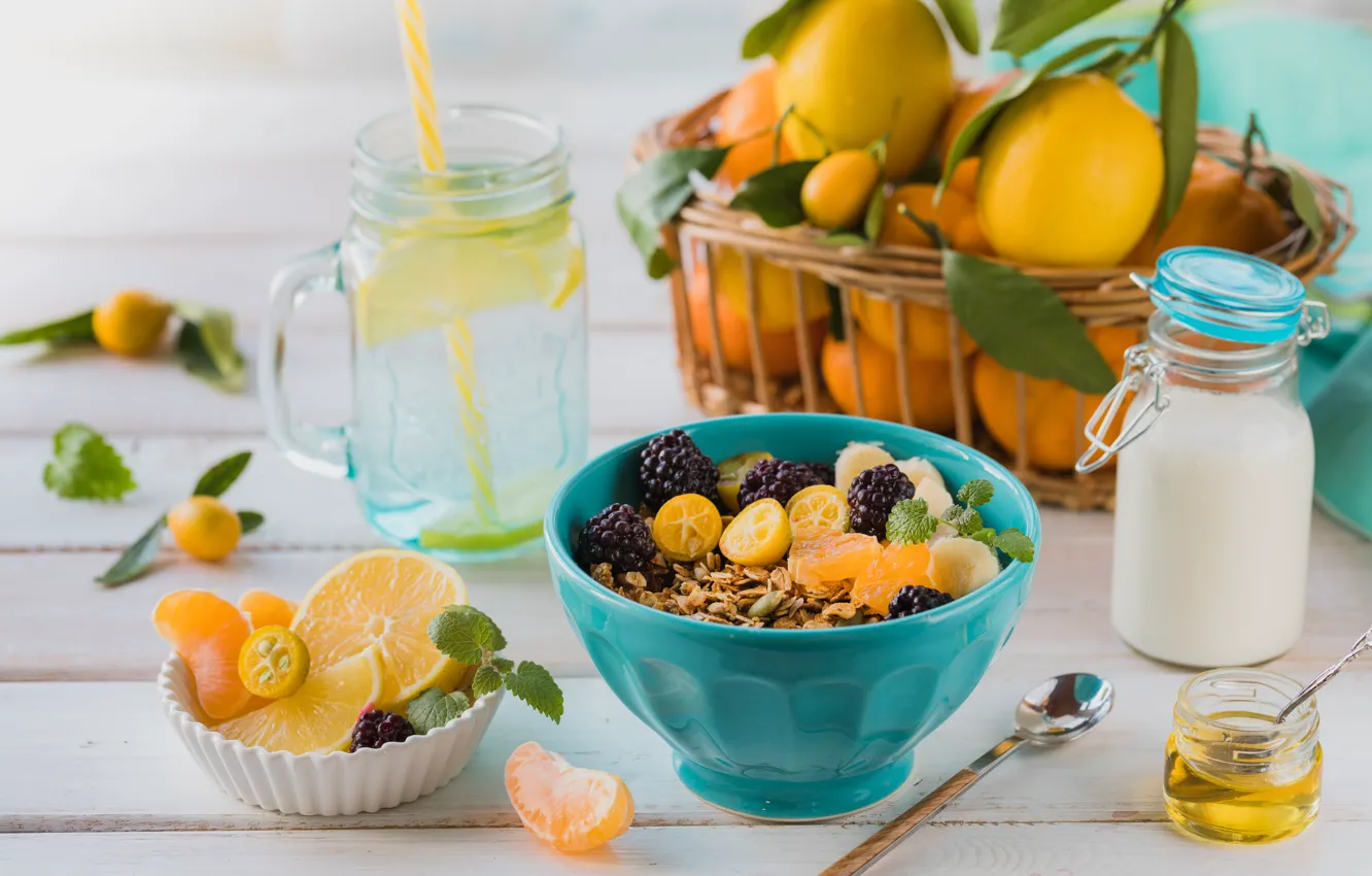 Фото обои завтрак, молоко, мед, фрукты, мюсли, Karina Klachuk