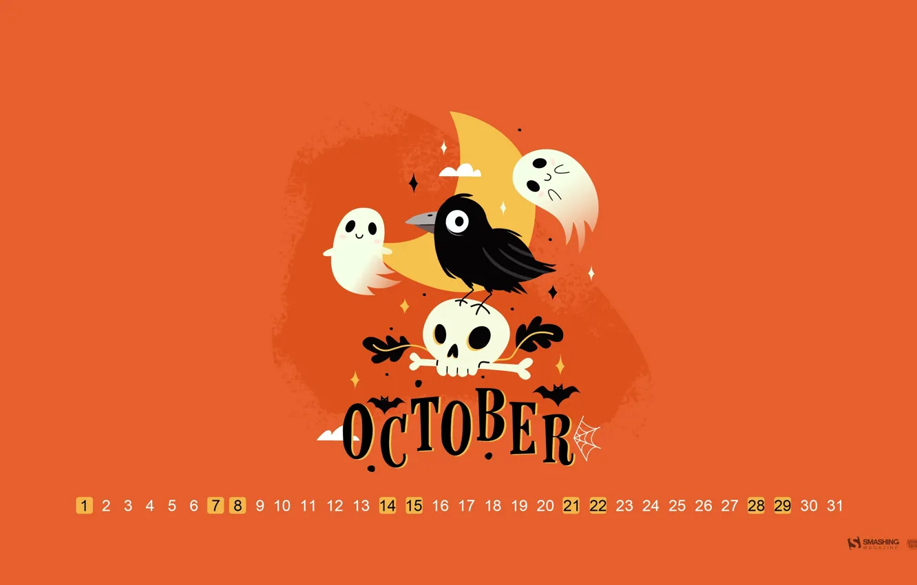 Фото обои Календарь, October, Октябрь, Calendar, 2023, Ворон и призраки, Crow And Ghosts, Октябрь 2023 года
