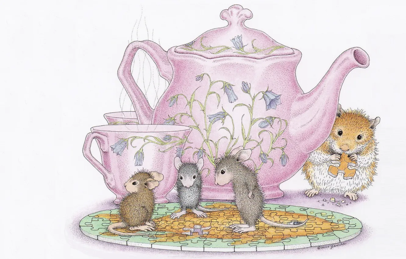 Фото обои мышка, чайник, чаепитие, кружка, чашка, друзья, детская, хомячок