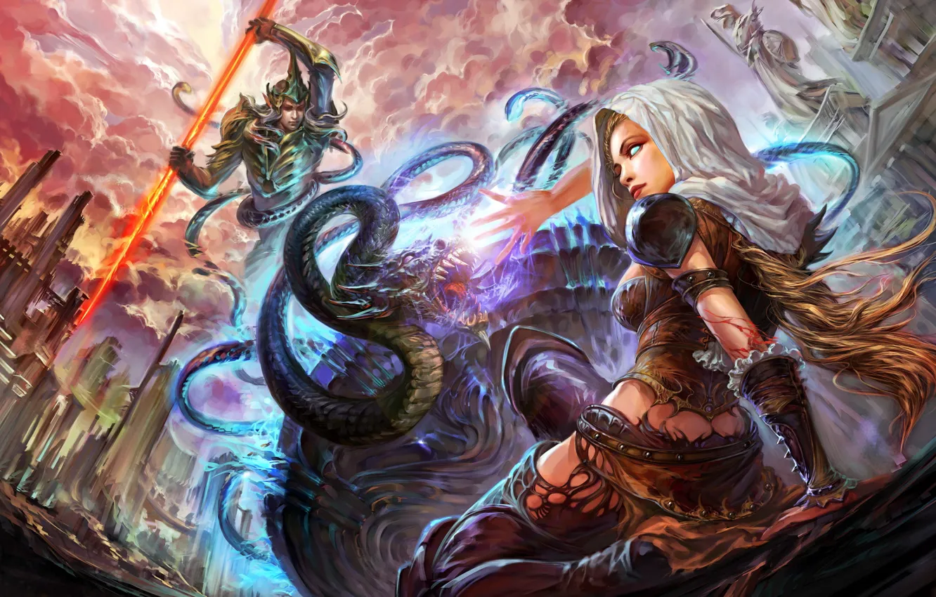 Фото обои девушка, дракон, арт, копье, битва, парень, forsaken world