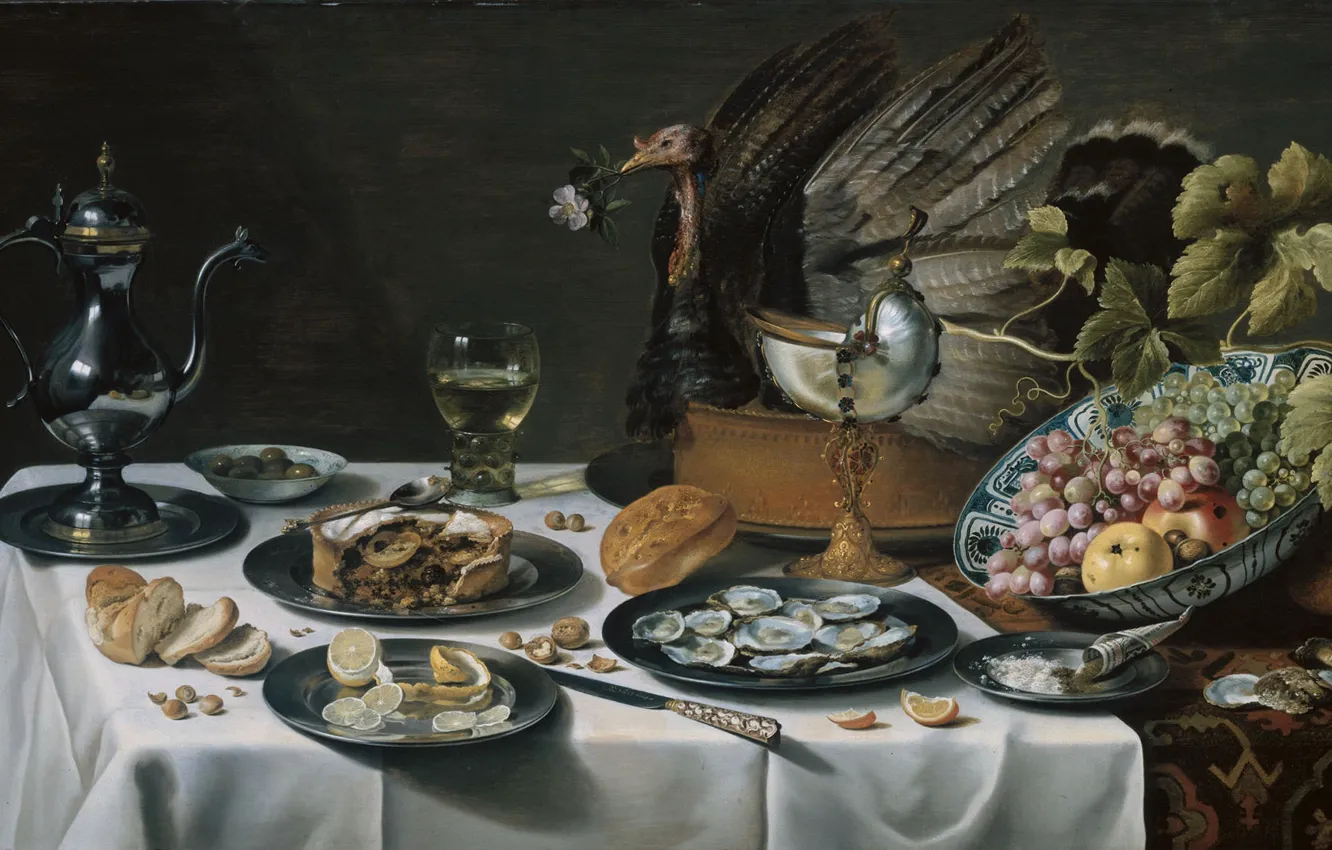 Фото обои ягоды, стол, еда, картина, тарелка, нож, кувшин, фрукты