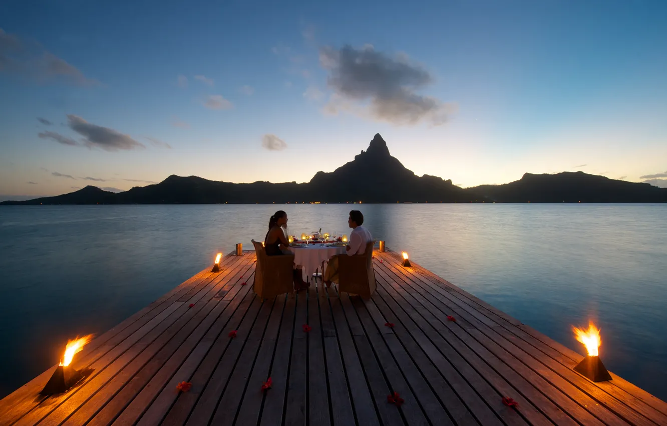Фото обои sunset, Bora-Bora, table for two, romantic dining