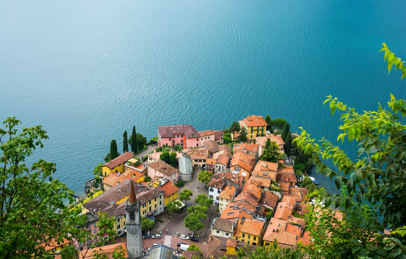 Фото обои озеро, здания, рябь, крыши, Италия, панорама, Italy, озеро Комо