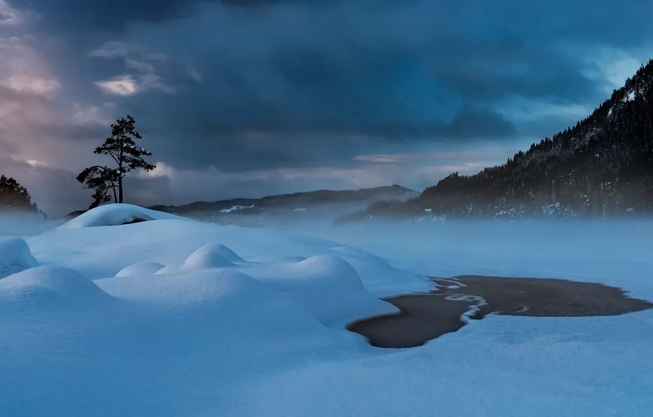 Фото обои зима, туман, река