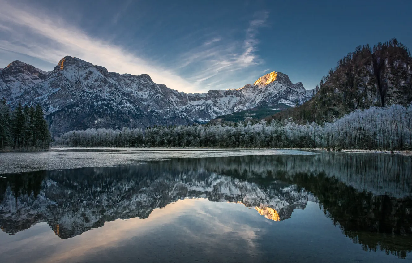 Фото обои зима, лес, горы, озеро, отражение, Австрия, Альпы, Austria