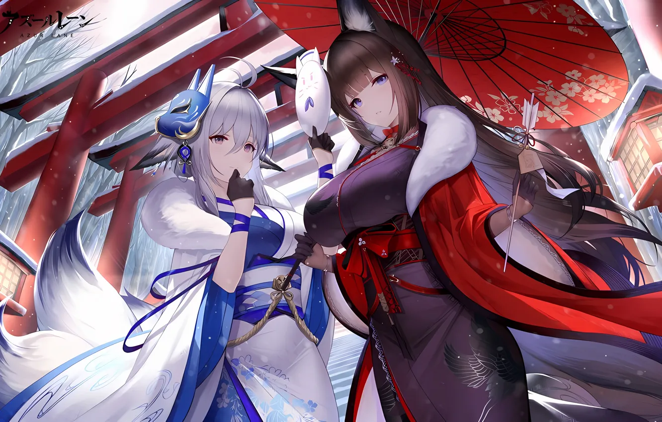 Фото обои sexy, yukata, long hair, dress, girls, brown hair, animal ears, umbrella