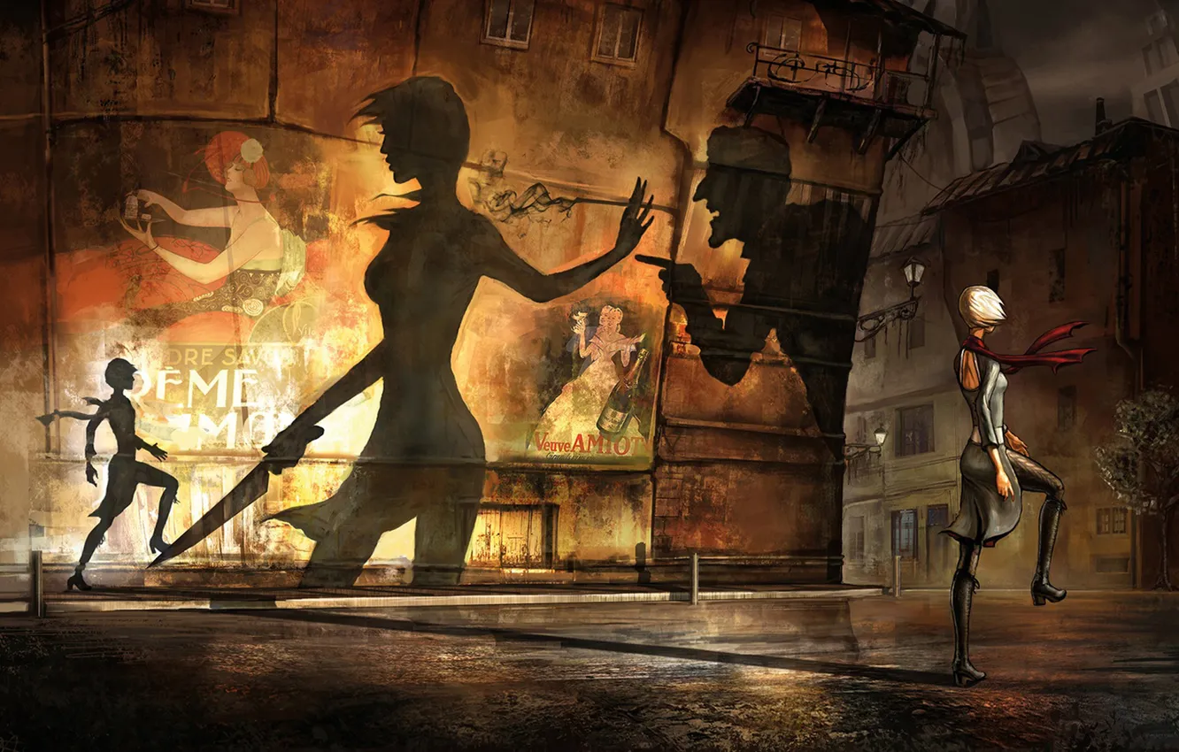 Фото обои девушка, свет, ночь, город, улица, тень, нож, contrast