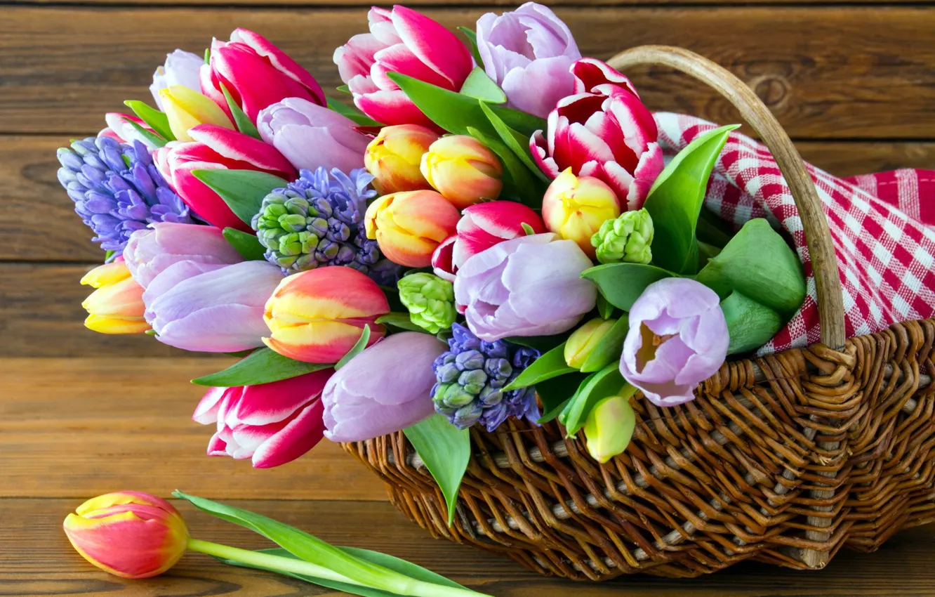 Фото обои цветы, тюльпаны, корзинка, гиацинты