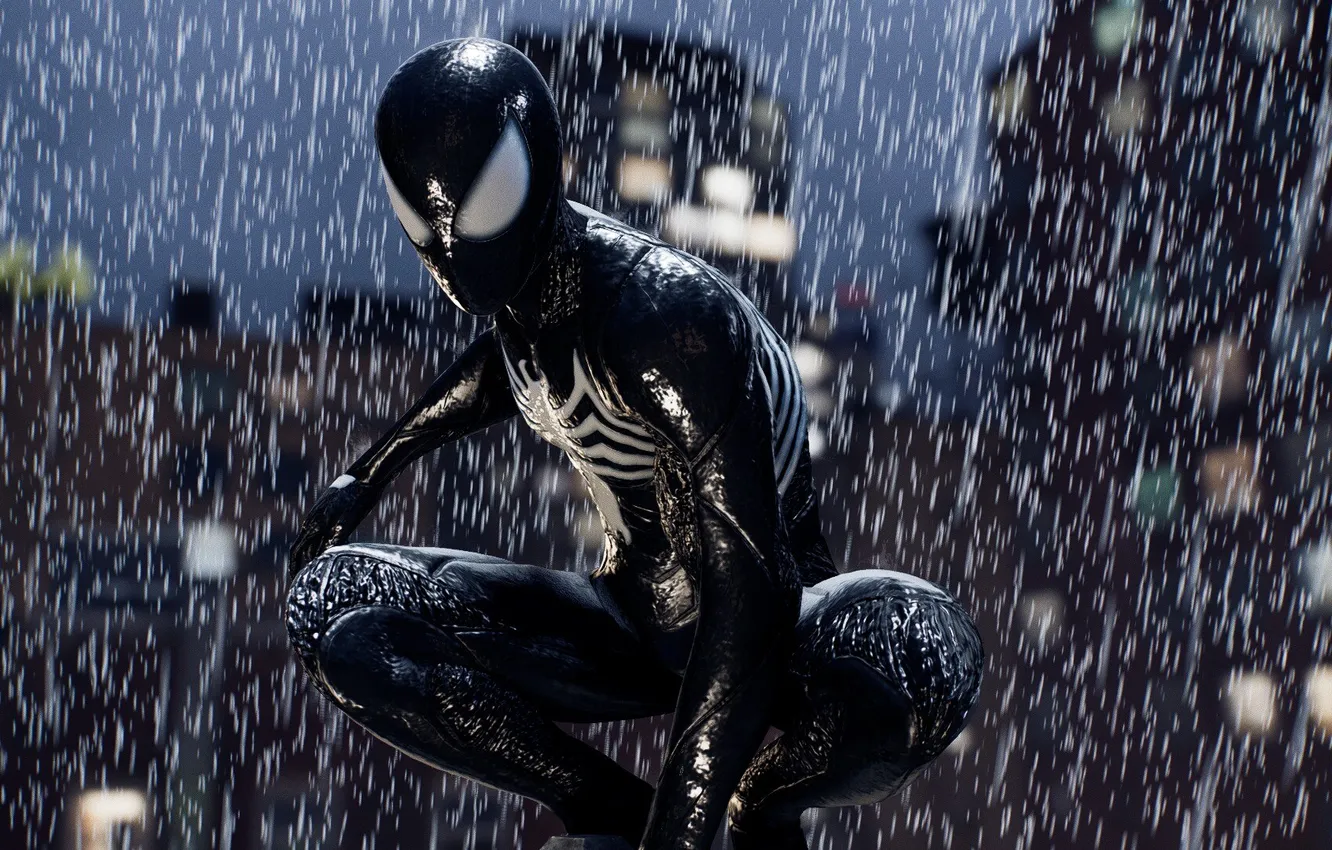 Фото обои rain, evil, Symbiote, black suit, Marvel Spider Man 2, spider-man