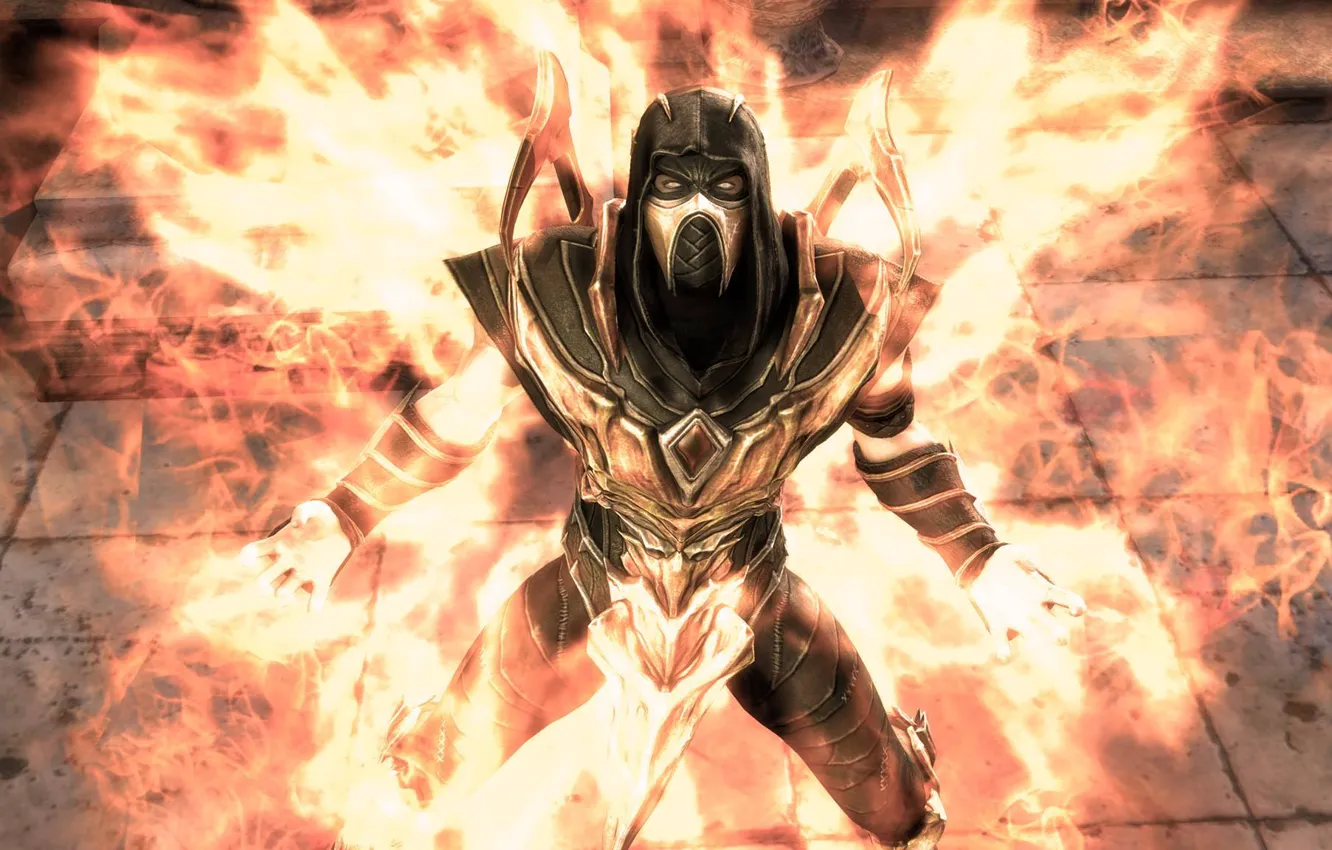 Фото обои пламя, Mortal Kombat, Scorpion, Injustice: Gods Among Us, DC comics