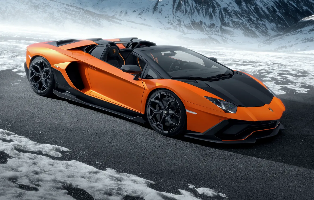 Фото обои дорога, авто, снег, горы, Lamborghini, Lamborghini LP700-4 Aventador Novitec, родстер LP 780-4 Ultimae