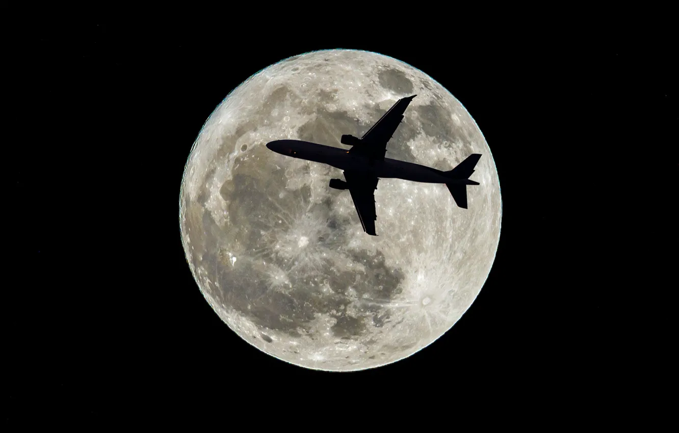 Фото обои самолет, луна, спутник, силуэт