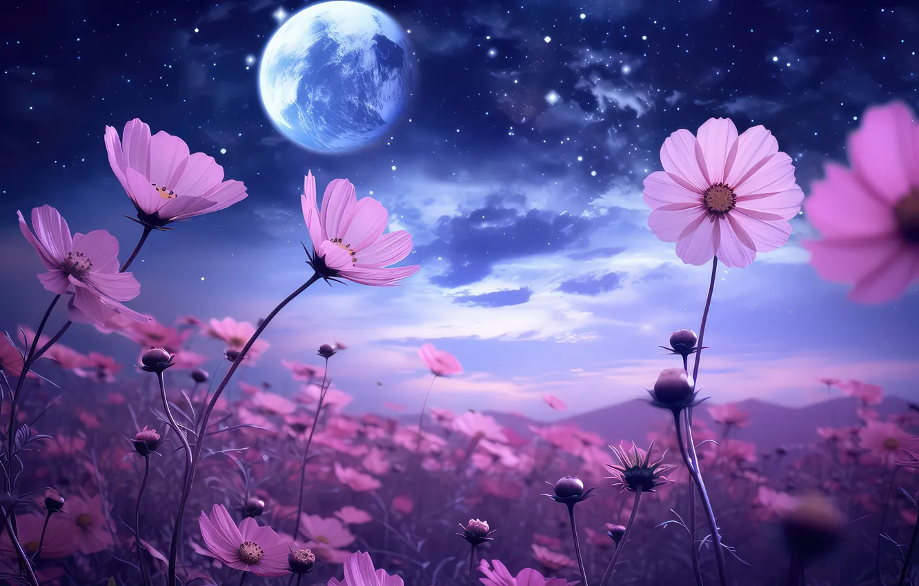 Фото обои цветы, ночь, весна, dark, moon, pink, night, flowers