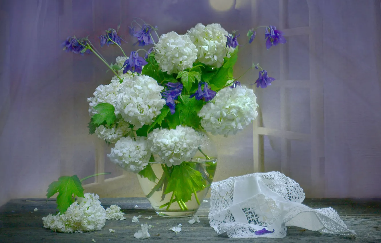Фото обои цветы, ночь, луна, окно, ваза, салфетка, гортензия, аквилегия
