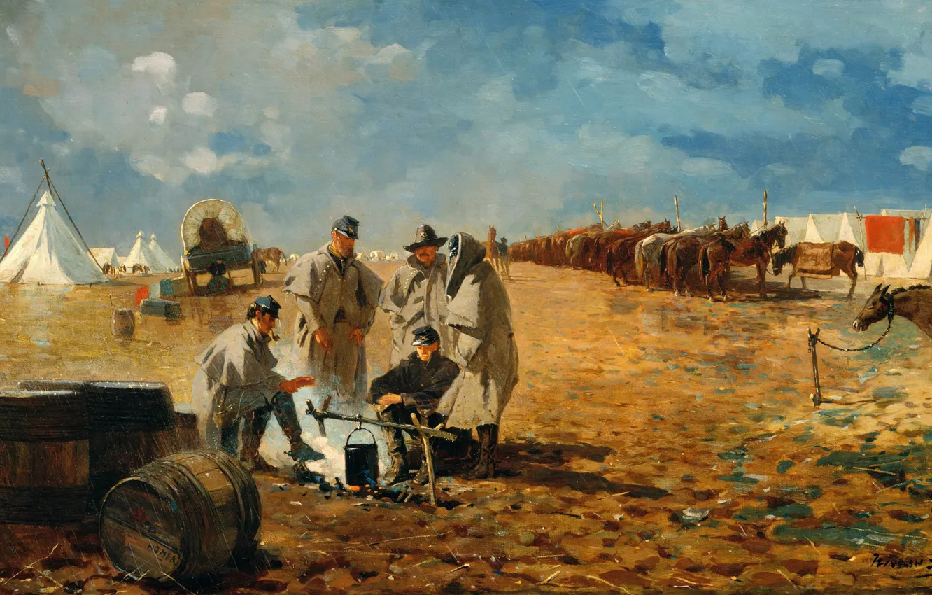 Фото обои картина, костер, солдаты, жанровая, Winslow Homer, Уинслоу Хомер, Дождливый День в Лагере