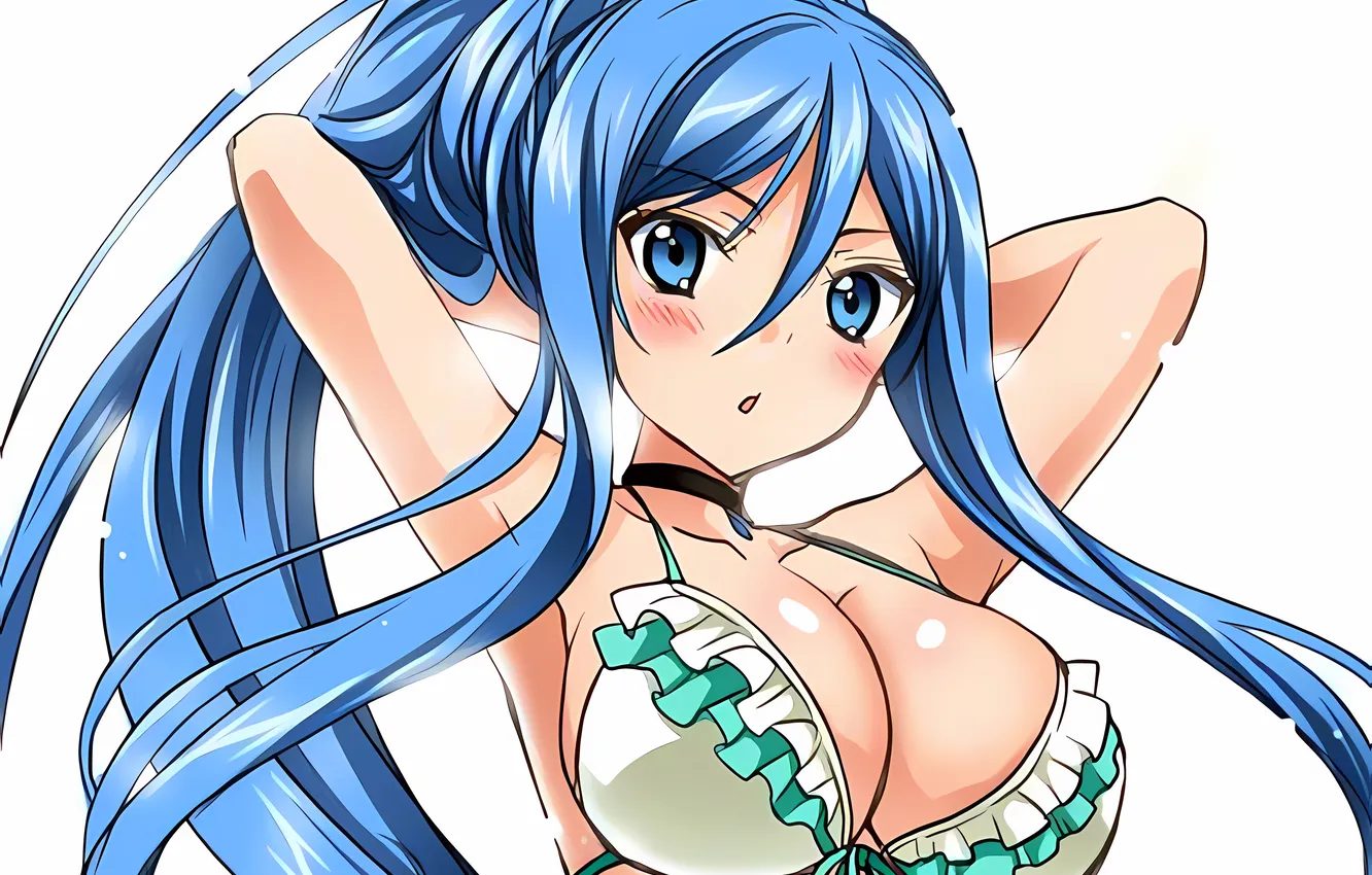 Фото обои girl, sexy, cleavage, long hair, boobs, anime, blue eyes, beautiful