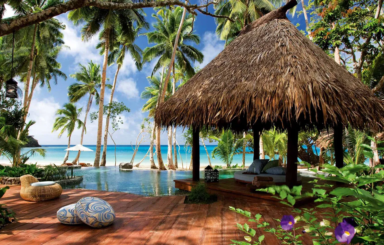 Фото обои море, цветы, пальмы, отдых, бассейн, отель, бунгало, Лаукала