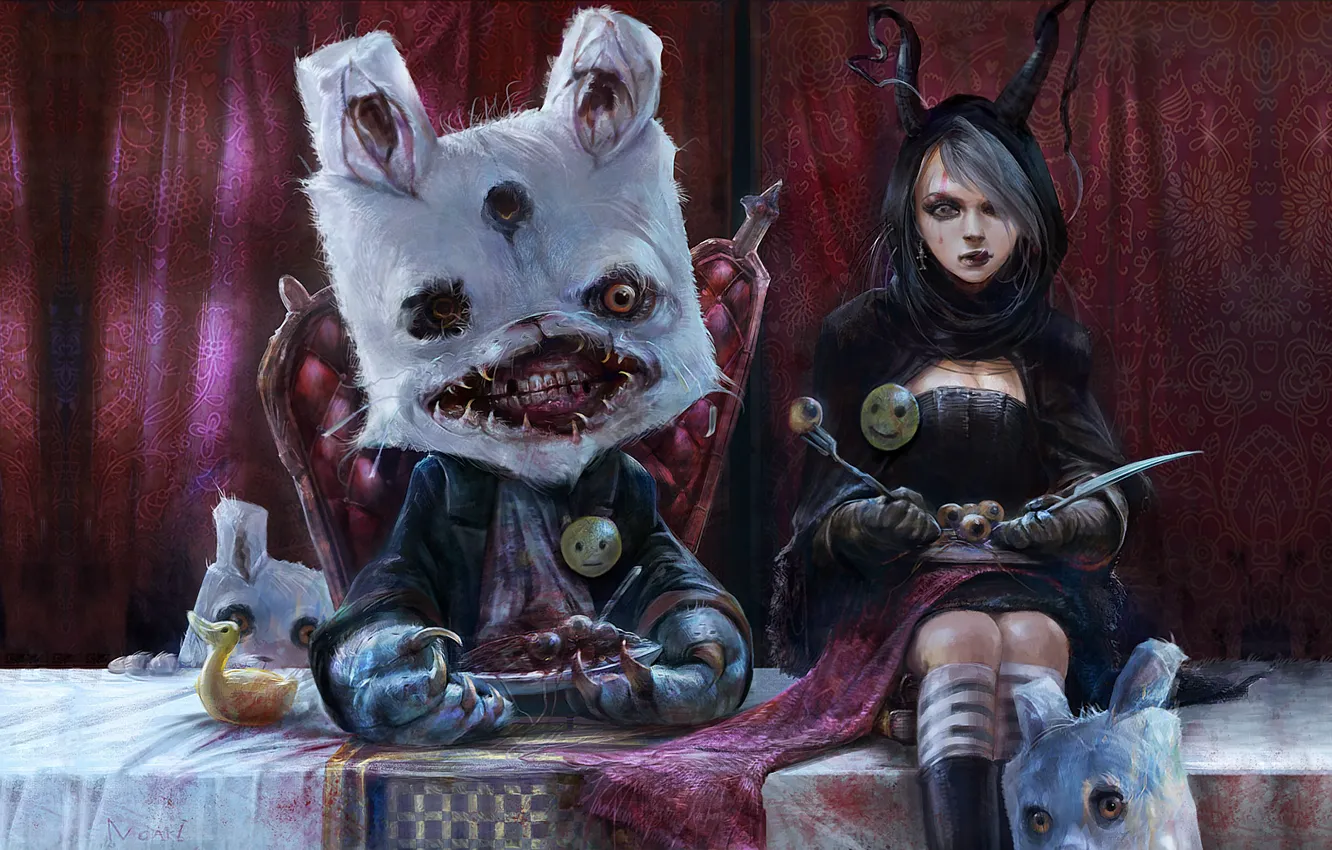 Фото обои глаза, стол, сюрреализм, кровь, монстр, кролик, пасть, нож