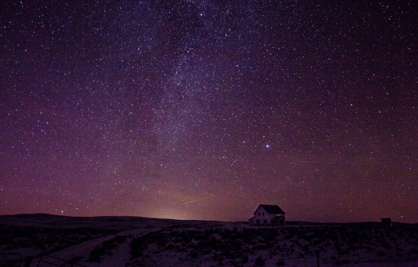 Фото обои house, sky, night, winter, snow, stars, countryside, farm