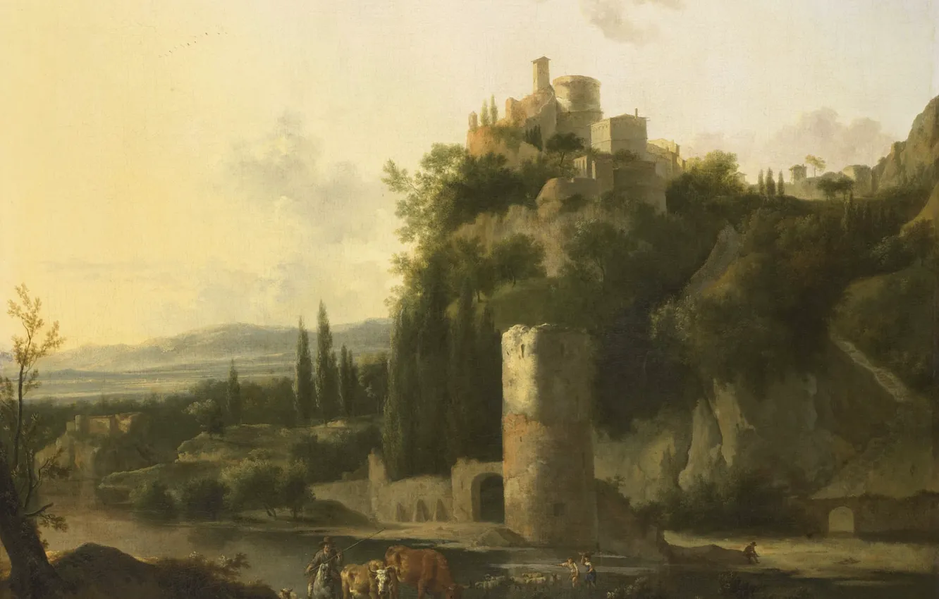 Фото обои масло, картина, холст, Фредерик де Мушерон, Итальянский Пейзаж с Круглой Башней