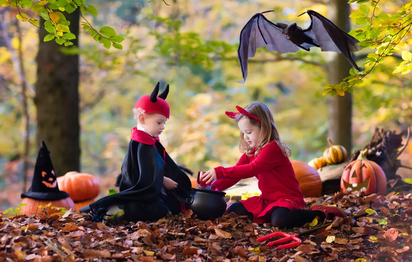 Фото обои осень, листья, дети, мальчик, девочка, Halloween, тыква, летучая мышь