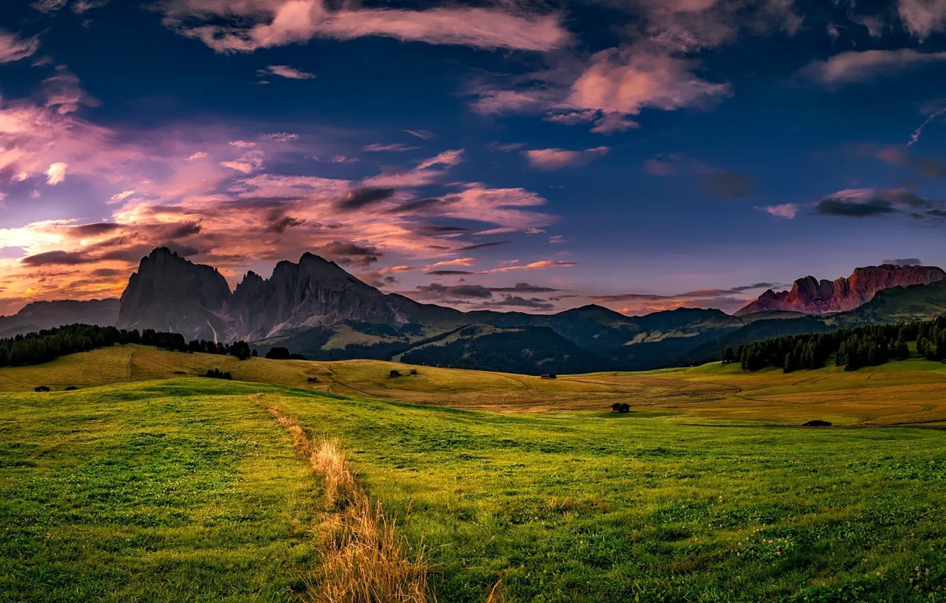 Фото обои grass, sky, trees, landscape, nature, mountains, clouds, hills