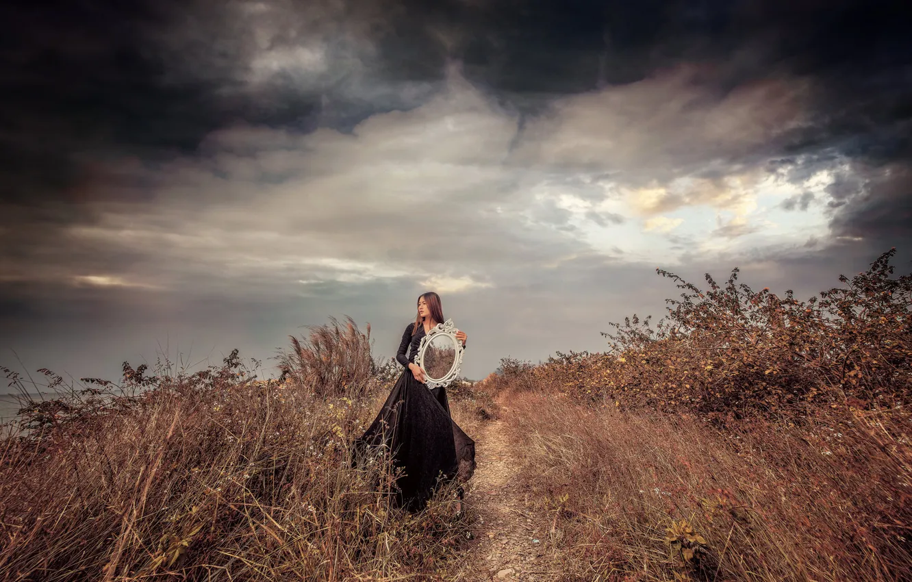 Фото обои взгляд, девушка, природа, поза, азиатка, Nick Vison