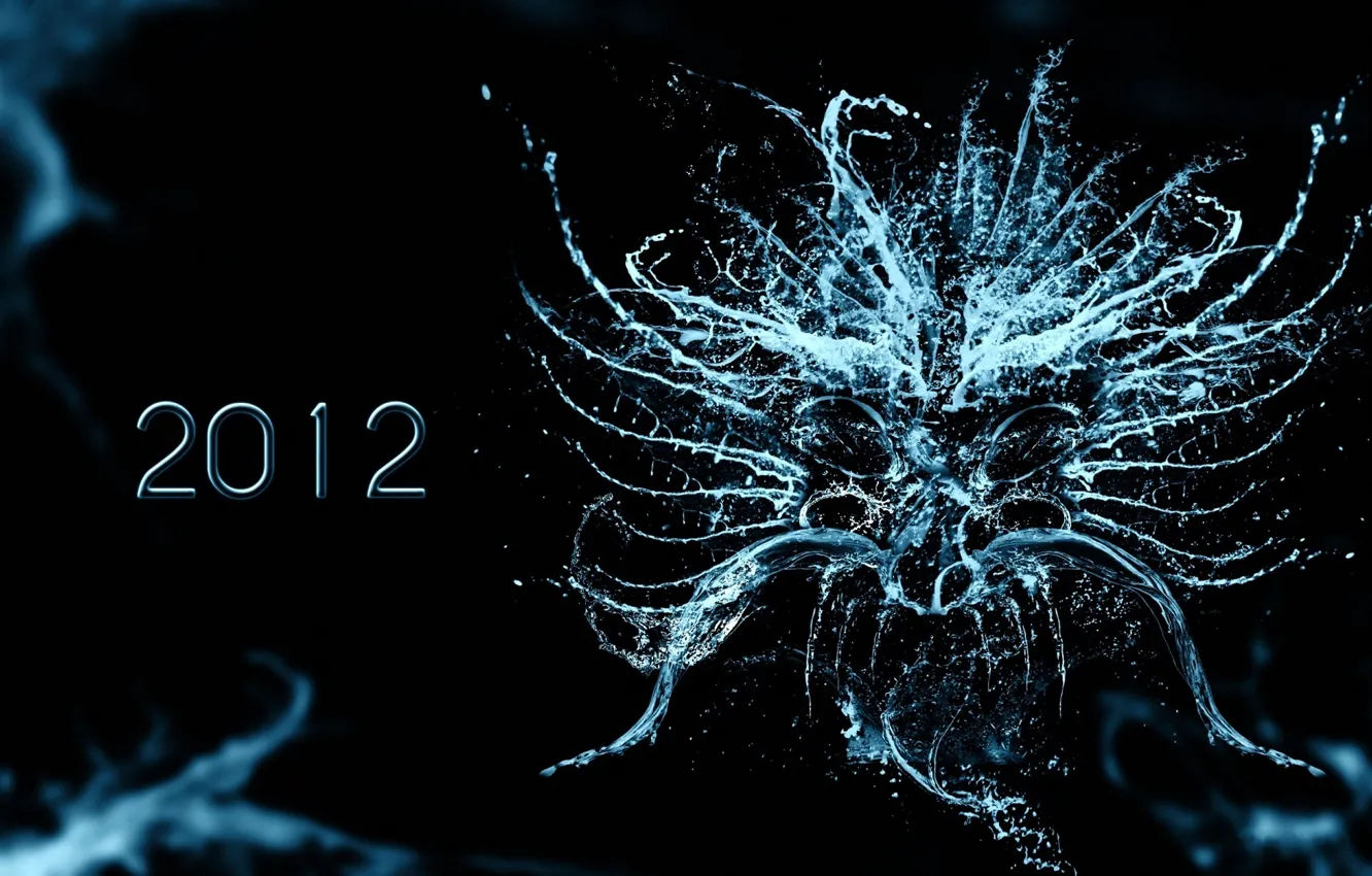 Фото обои вода, капли, новый год, жидкость, черный фон, 2012, new year, black background