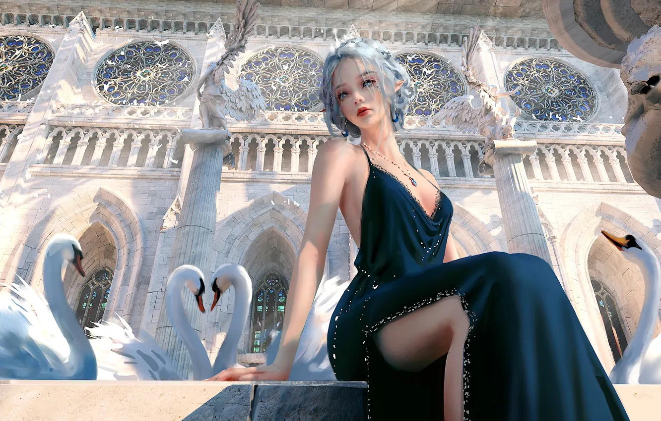 Фото обои girl, fantasy, cathedral, dress, legs, blue eyes, elf, digital art