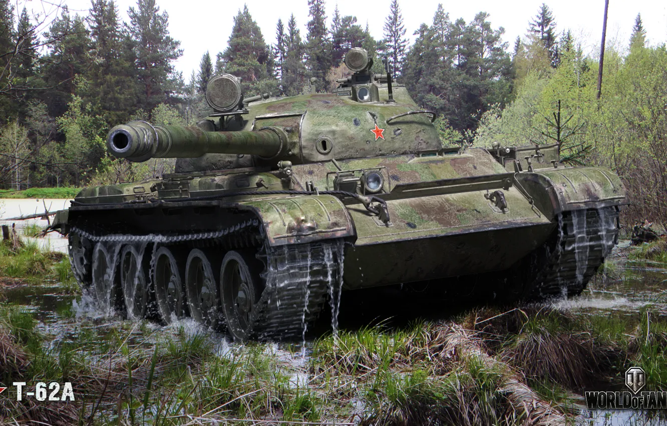 Фото обои лес, болото, танк, СССР, средний, Т-62А, World of Tanks Танки