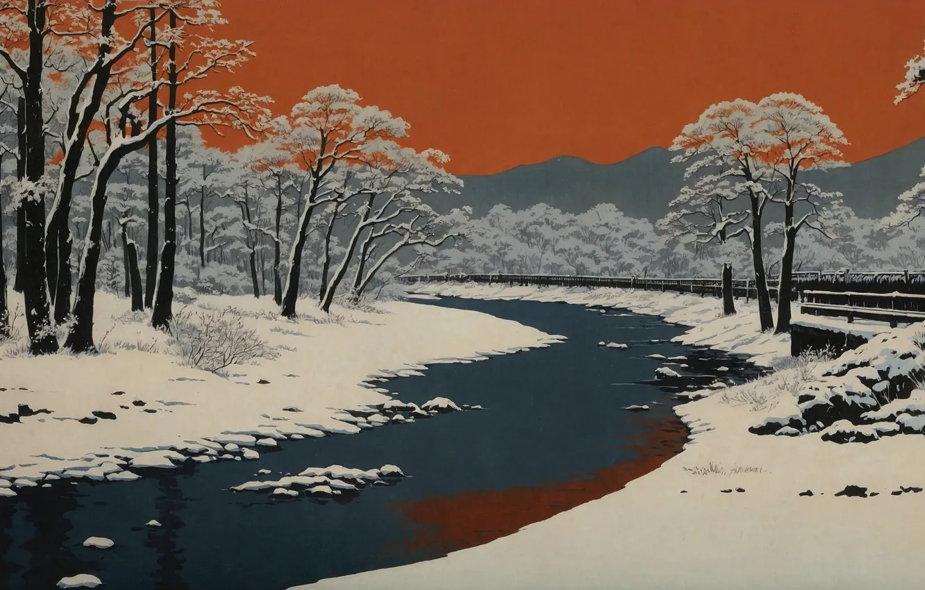 Фото обои river, trees, snow, ai art