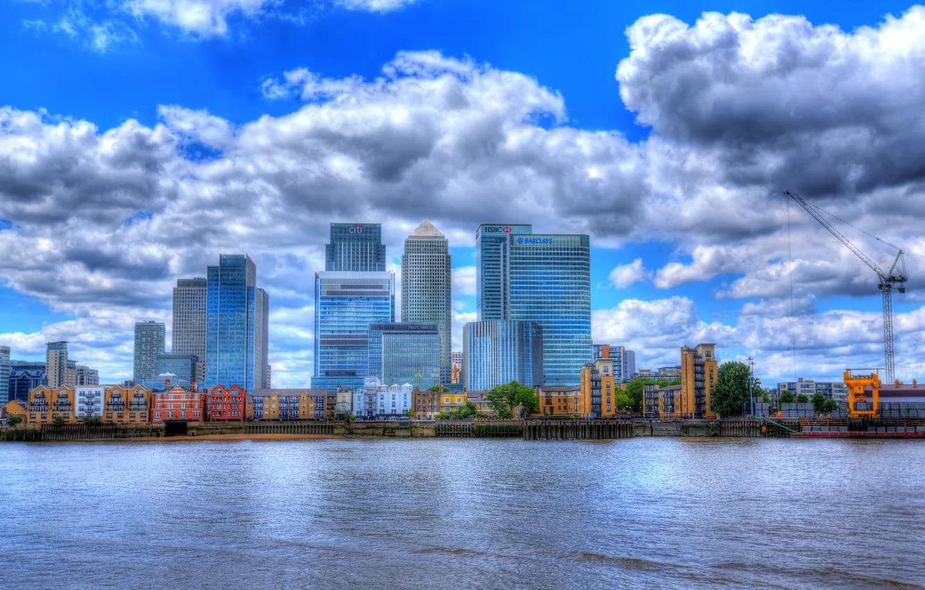 Фото обои облака, река, Англия, Лондон, HDR, дома, доки, набережная