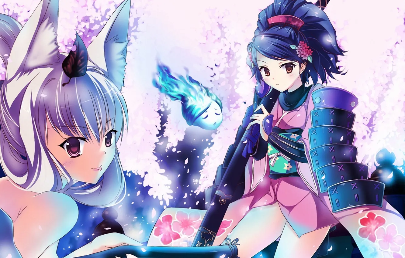 Фото обои девушки, меч, сакура, арт, броня, уши, momohime, oboro muramasa