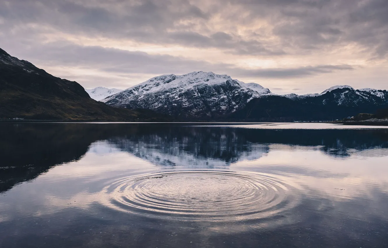 Фото обои снег, озеро, отражение, камень, Горы
