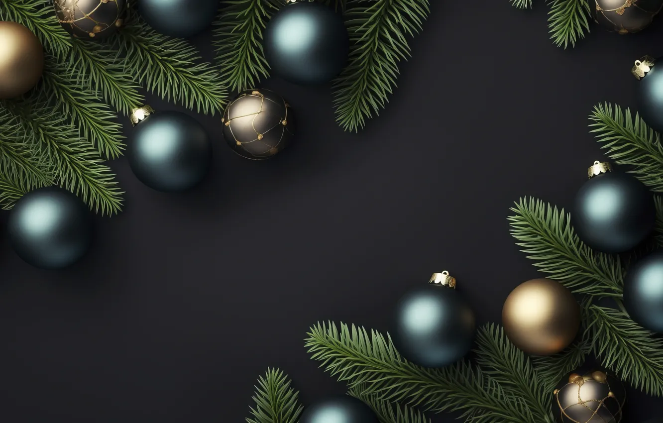 Фото обои украшения, темный фон, шары, Новый Год, Рождество, golden, new year, happy
