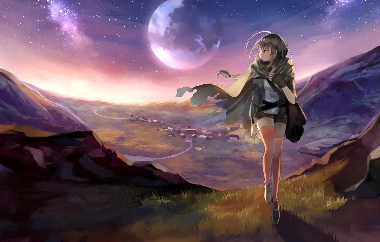 Фото обои девушка, пейзаж, рассвет, луна, панорама, Vocaloid, Yuezheng Ling