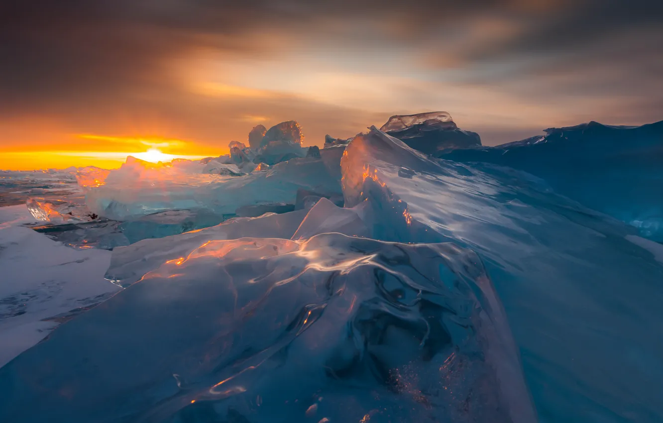 Фото обои лед, зима, закат, природа