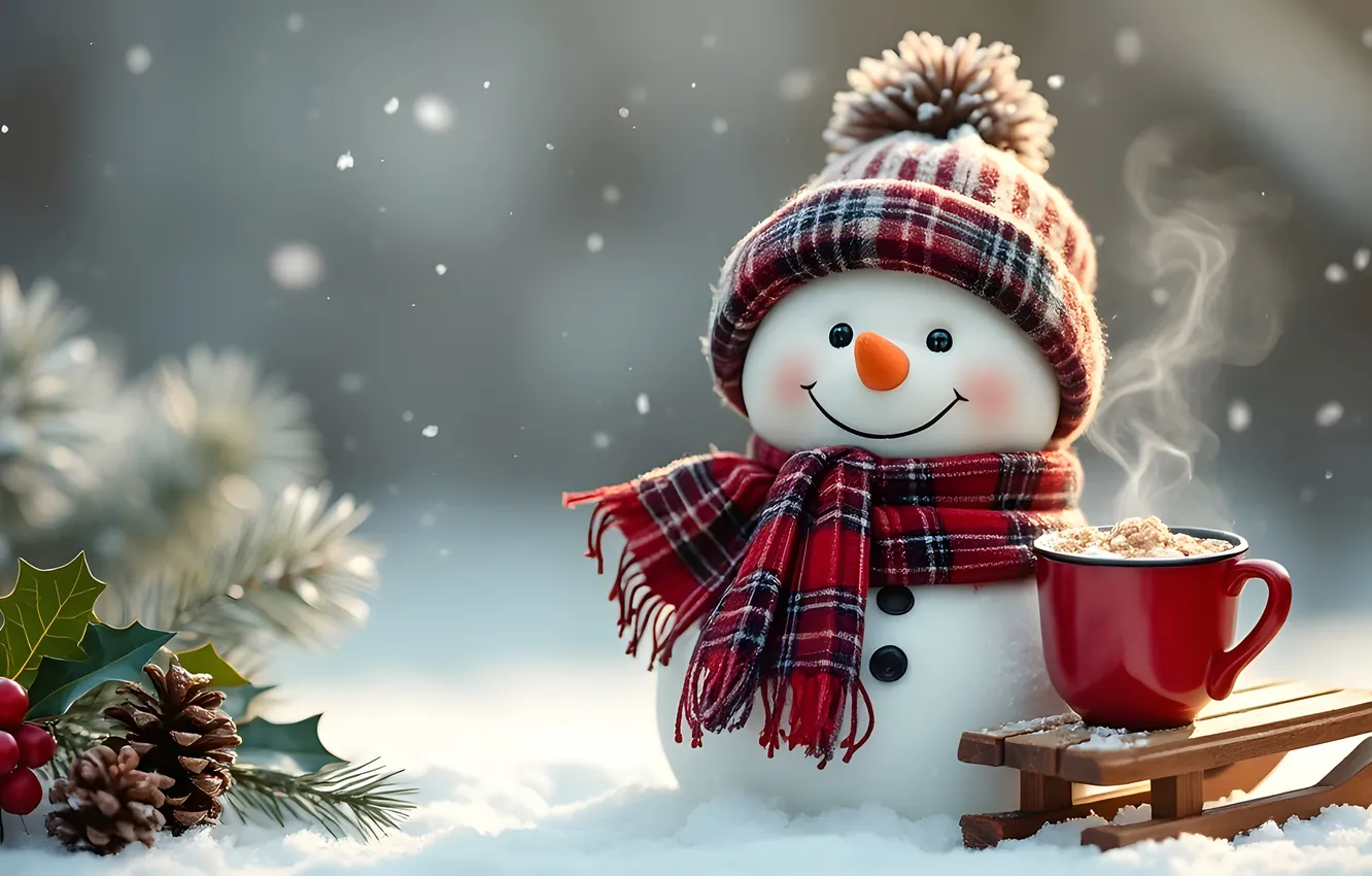 Фото обои зима, снег, Рождество, кружка, снеговик, holidays, winter, snow