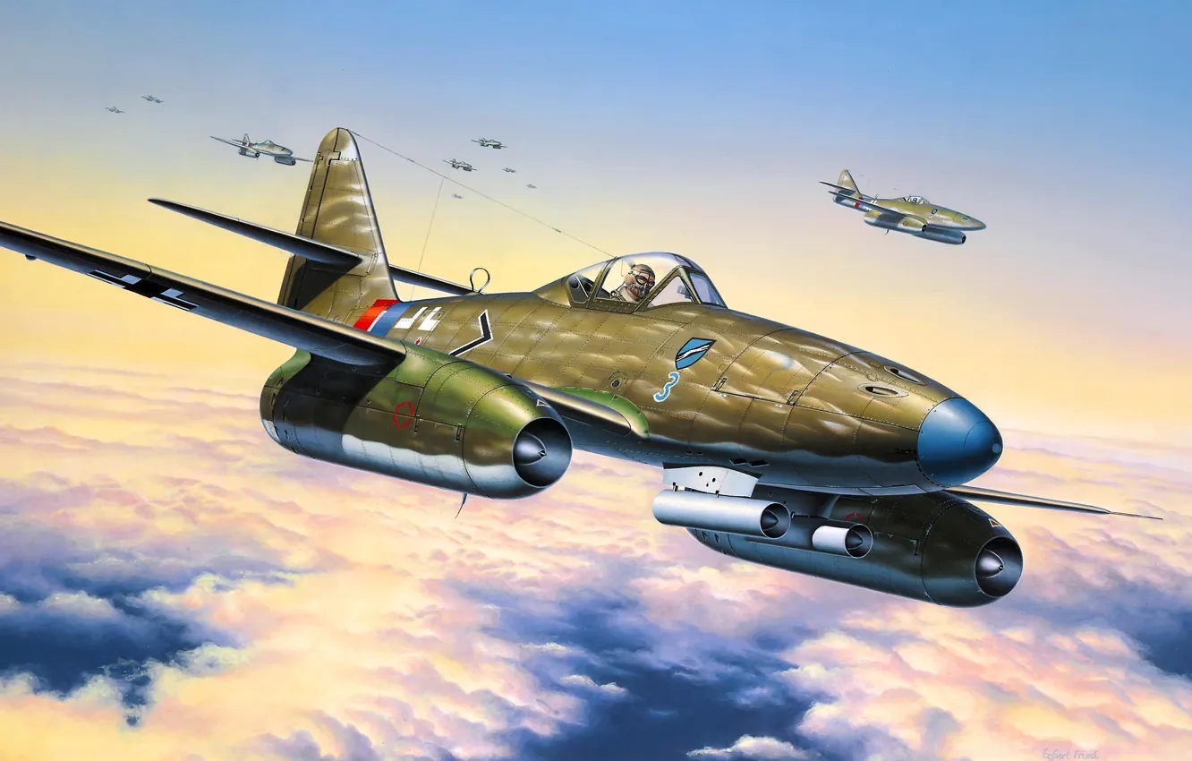 Фото обои небо, рисунок, арт, Вторая мировая война, немецкие, Me 262, A-1a, реактивные истребители