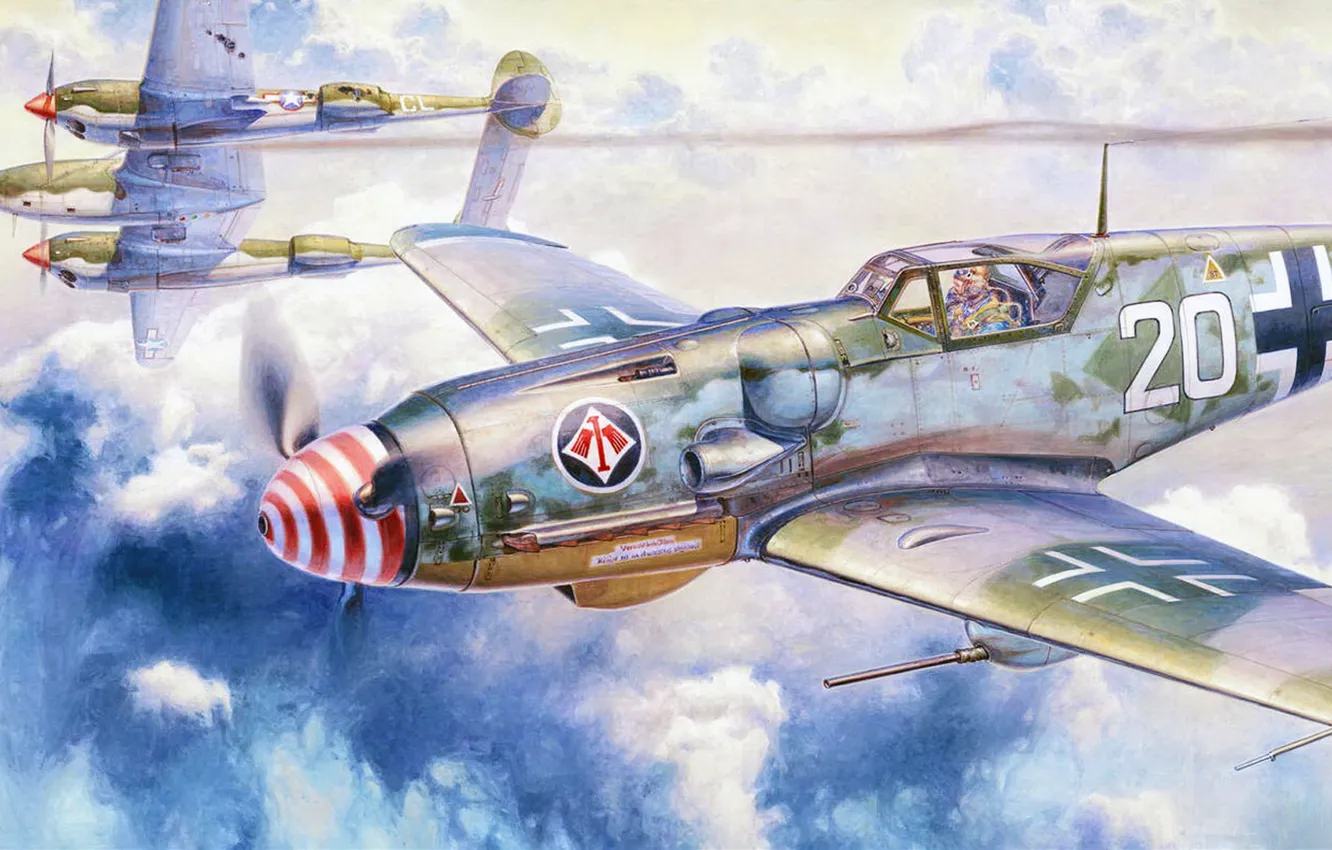 Фото обои рисунок, Lightning, Messerschmitt, Luftwaffe, p-38, Люфтваффе, одномоторный поршневой истребитель-низкоплан, BF109 G-6