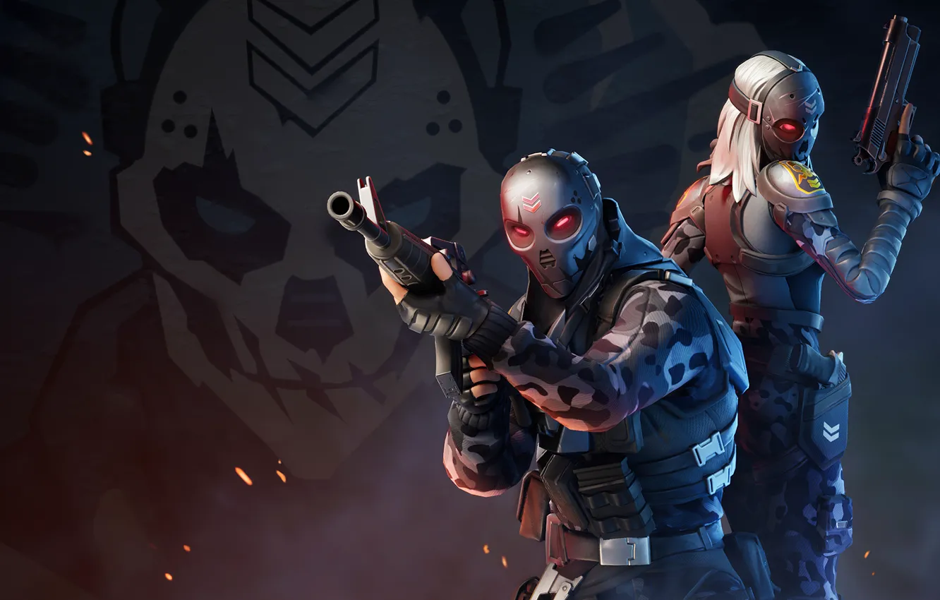Фото обои оружие, солдаты, маски, экипировка, Fortnite